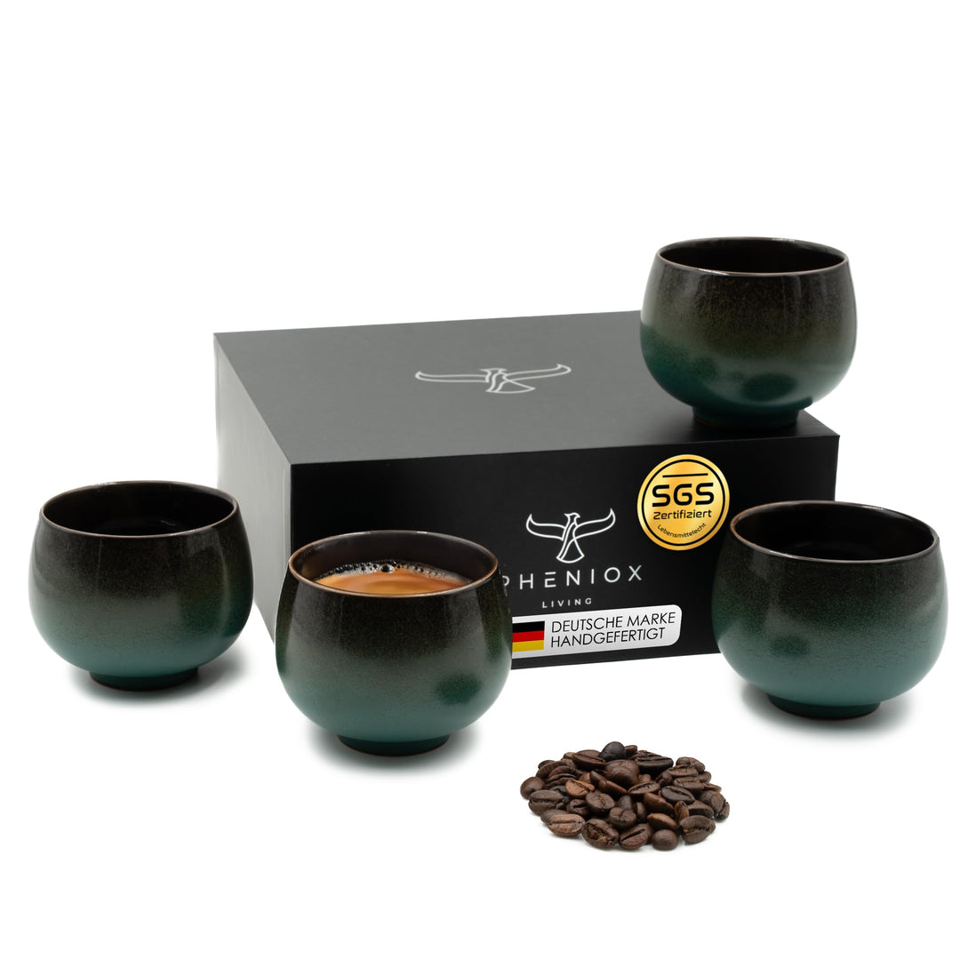 Pheniox | Cappuccino Tassen Set Jade | 4-teilig | 160 ml | hochwertige Kaffee Tassen aus Steingut |