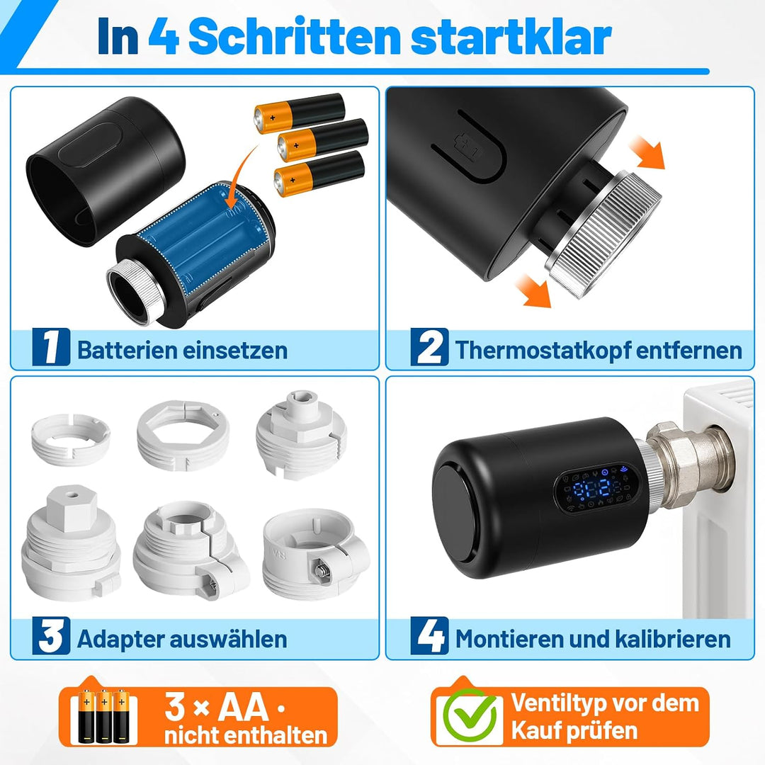 Heizkörperthermostat, WiFi Smartes Heizungsthermostat mit APP-Steuerung, inkl. 5 Adapter, kein Gatew