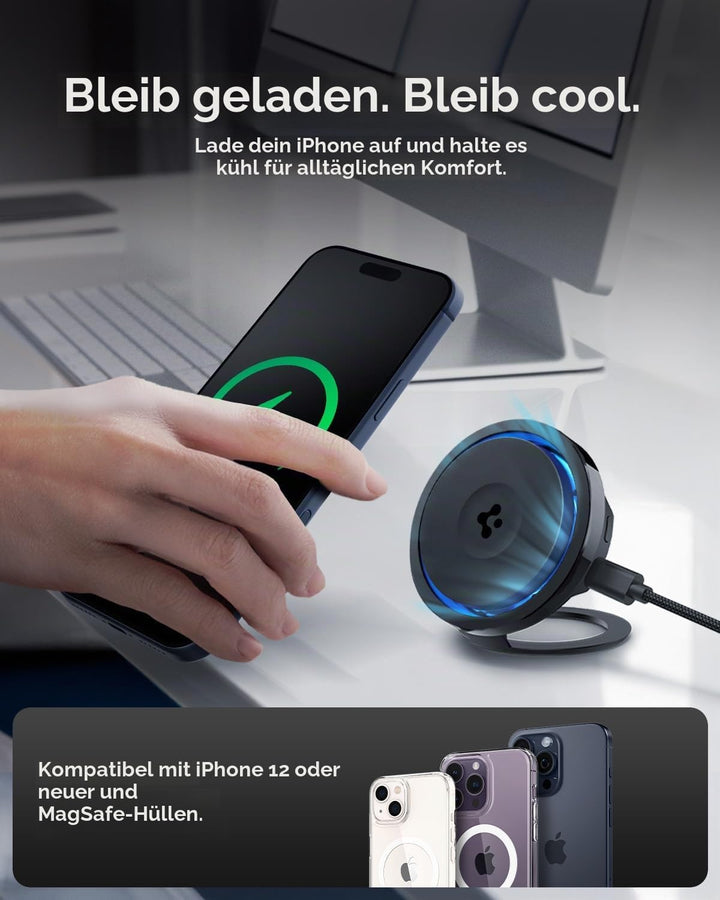 Spigen OneTap Pro 3 Cryomax Qi2 15W MagSafe Ladestation, Schwarz Ladestation mit ausklappbarem Ständ