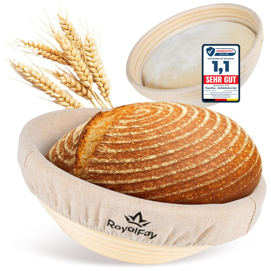 Gärkörbchen rund 23 cm – Brotform aus natürlichem Rattan für Sauerteig und Brotteig – inklusive Lein