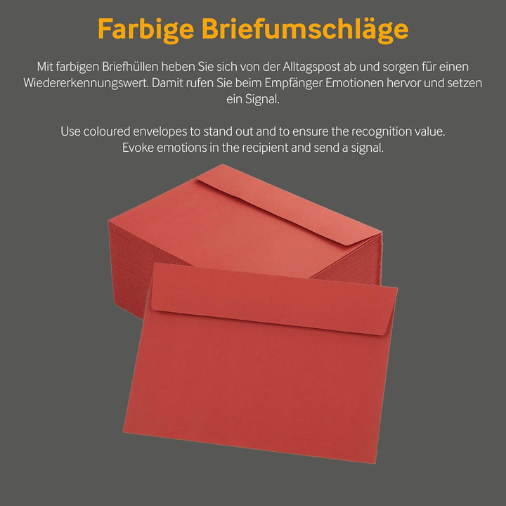100 Stück, Farbige Briefumschläge, DIN C6, Haftklebung mit Abziehstreifen, Gerade Klappe, 130 g/qm C