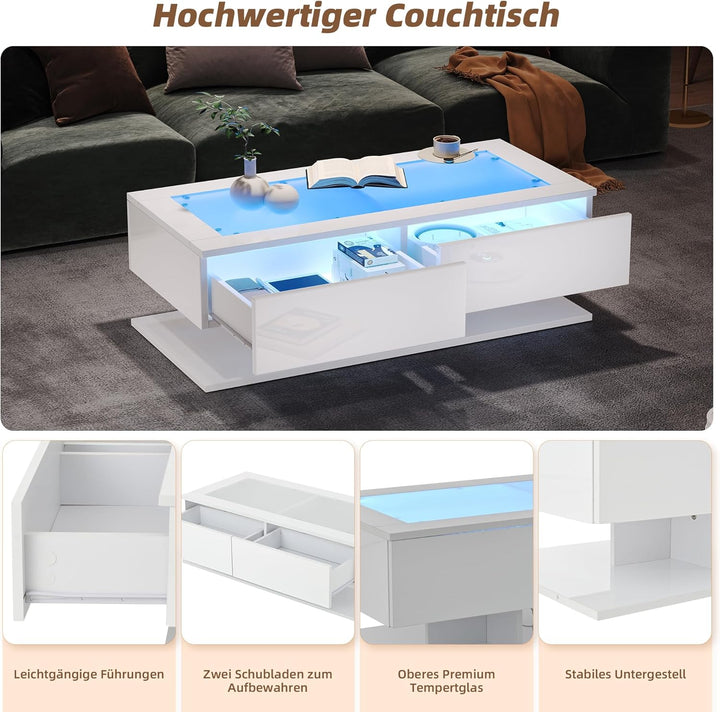 Merax Couchtisch Weiss, Wohnzimmertisch Hochglanz mit LED Beleuchtung, Modern Beistelltisch Kaffeeti