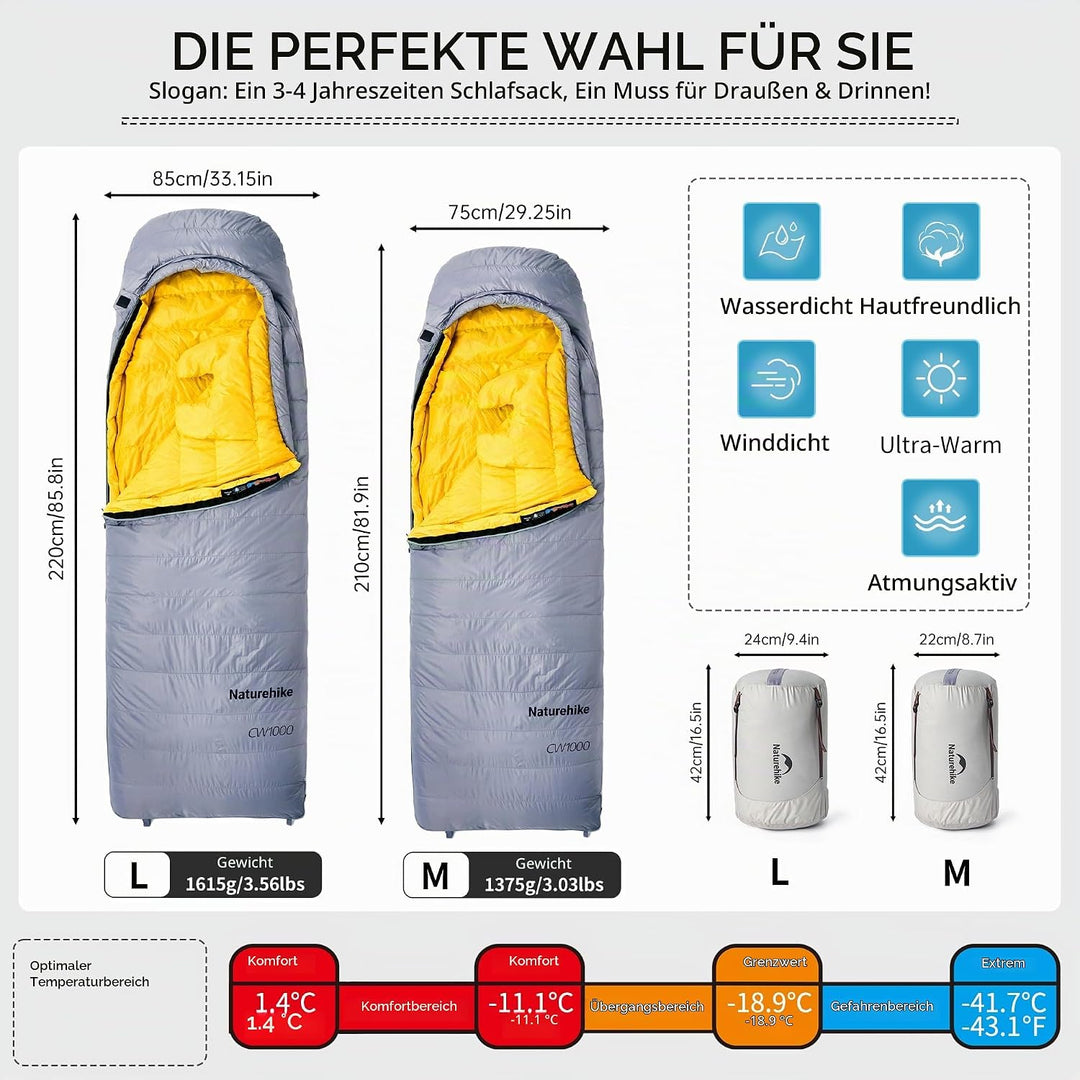 Naturehike CW-Serie RDS Daunenschlafsack,Ultraleichte Tragbare Kompackte Daunen Schlafsack 4 Jahresz
