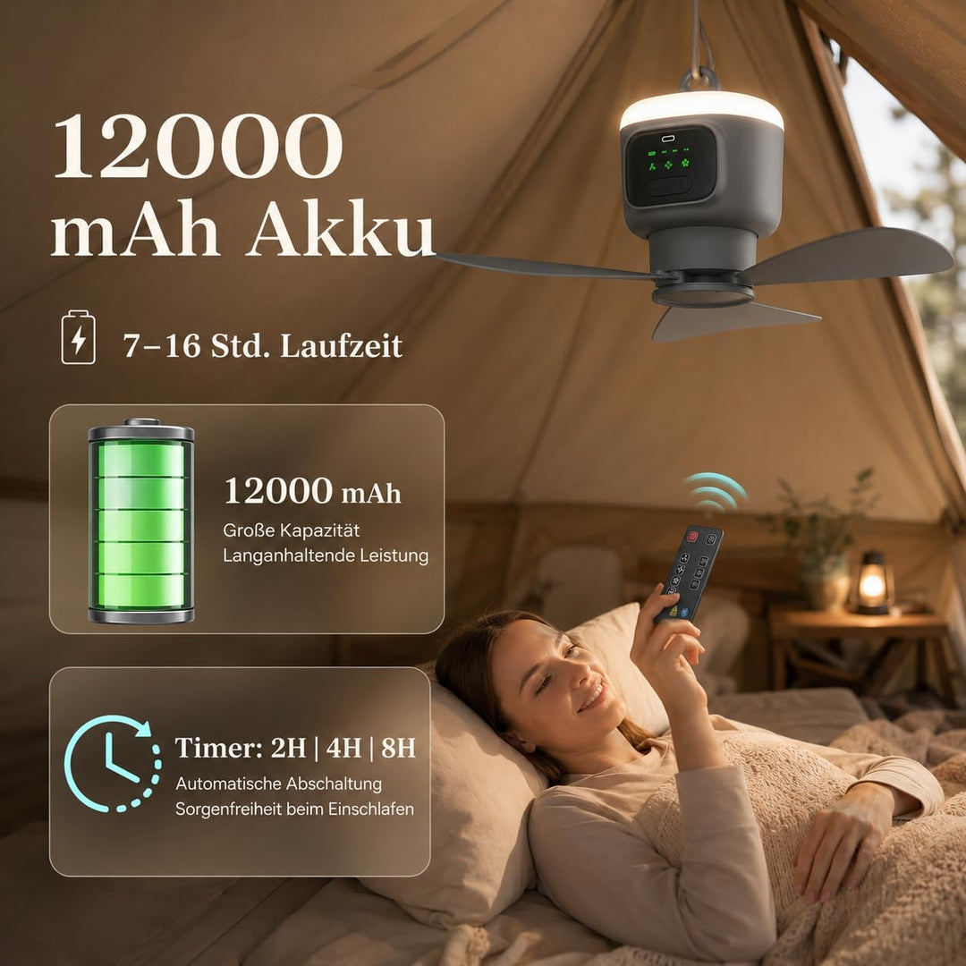 Tragbarer Deckenventilator mit Beleuchtung, 12000mAh Akku &amp; 4 Stufen Camping Ventilator mit Fernbedi