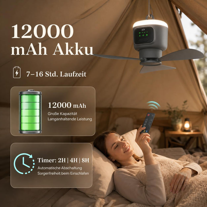 Tragbarer Deckenventilator mit Beleuchtung, 12000mAh Akku &amp; 4 Stufen Camping Ventilator mit Fernbedi