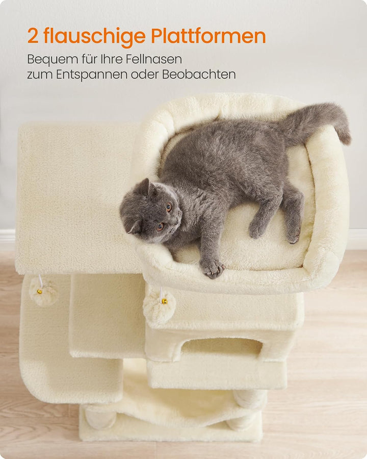 Feandrea Kratzbaum, 112 cm hoch, Katzenbaum, mehrstöckiges Katzenhaus, mit 4 Kratzsäulen, 2 Plattfor