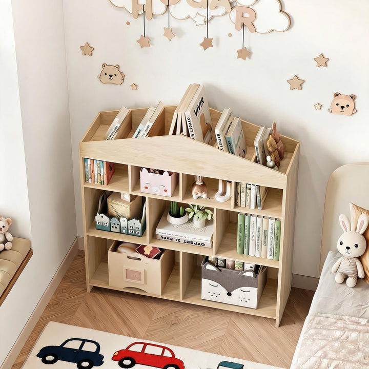 Kinderregal mit 9 Fächern, Naturholz, Spielzeugregal, Natur