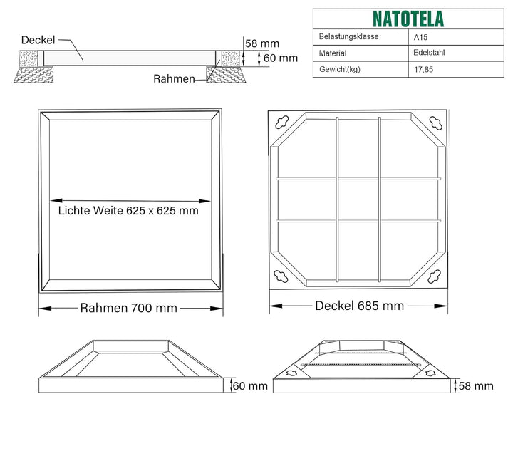 Schachtabdeckung Edelstahl V2A - Aussenmass: 700 x 700 x 60 mm, 700 x 700 x 60 mm