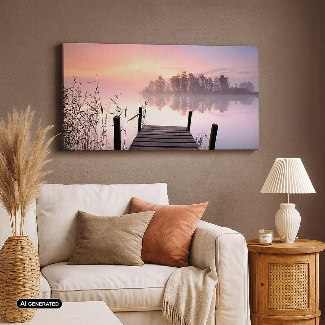 Wandbilder Dekoration Wohnzimmer Morgen Sonnenaufgang Nebel See Panorama Bilder auf Leinwand 120x50c