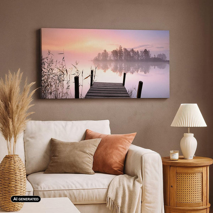 Wandbilder Dekoration Wohnzimmer Morgen Sonnenaufgang Nebel See Panorama Bilder auf Leinwand 120x50c