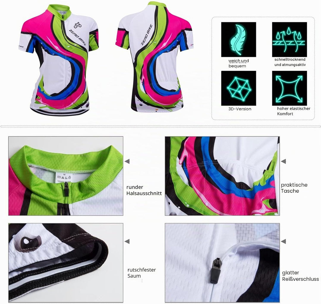 Damen Atmungsaktiv Schnelltrocknend Fahrradtrikot Set, Outdoor Kurzarm Radsport-Shirt + 3D Gel Gepol