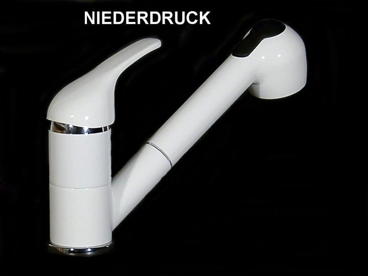 Einhebel Spüle, Küchenarmatur, Wasserhahn, Brause, Weiss Niederdruck