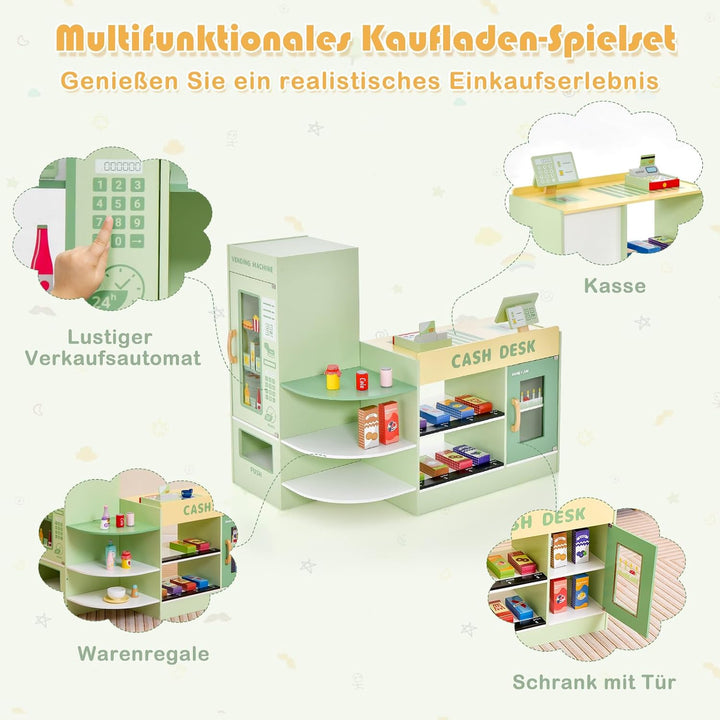 DREAMADE Kasse Kaufladen Kinder, Kaufmansladen Holz mit realistischer Kasse &amp; Verkaufsautomat, Spiel