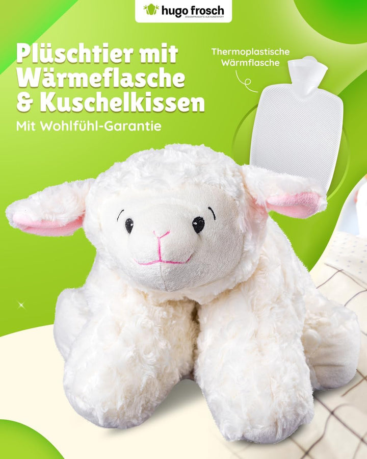 Hugo Frosch Wärmflasche Klassik 1,8 l mit Schaf-Kuschelkissen Weiss, Weiss