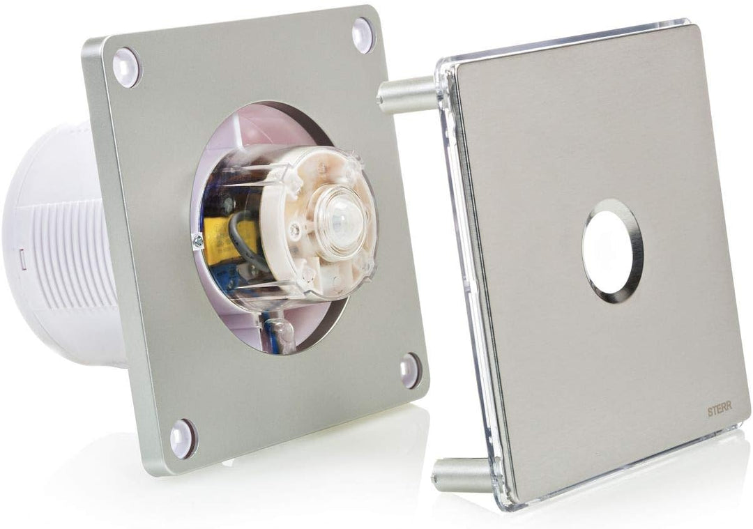 STERR Silberner Badlüfter 100 mm mit LED + PIR - Badezimmerventilator - Edelstahlfront - Modernes Au