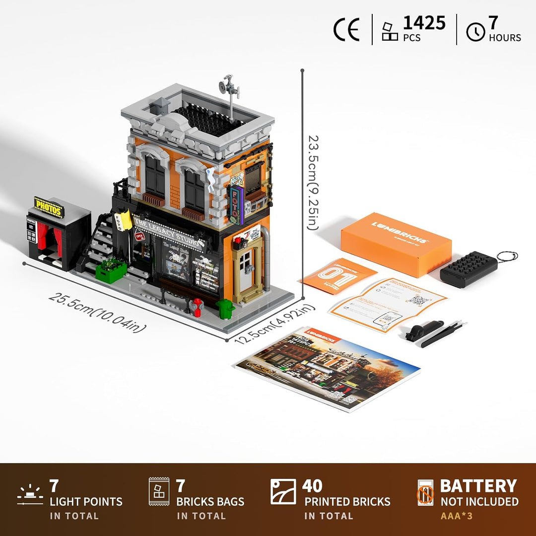Lumibricks Eck-Fotostudio Klemmbaustein-Set mit LED-Beleuchtung, 1425 Teile Modulares Eckgebäude für