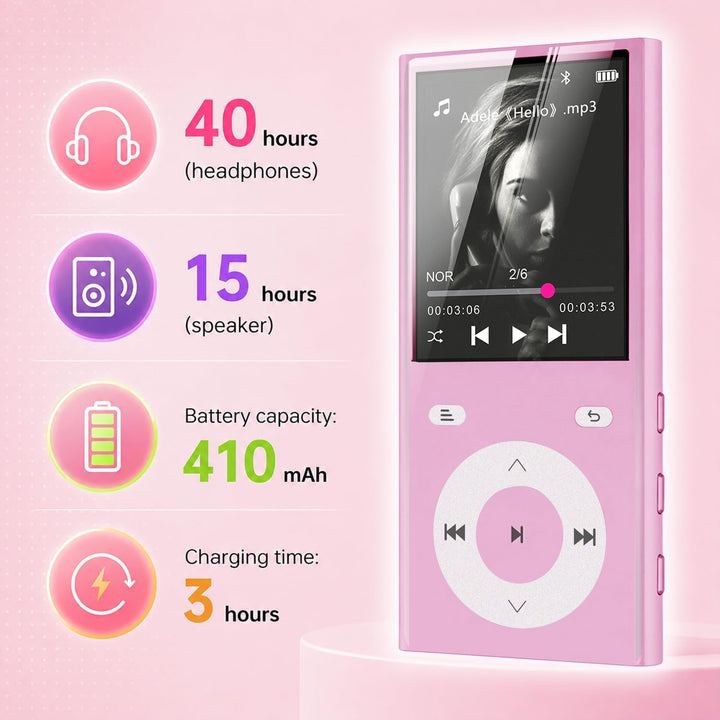 90GB MP3 Player Bluetooth 5.3, Musik Player 2 TF-Kartensteckplätzen Rosa, Rosa