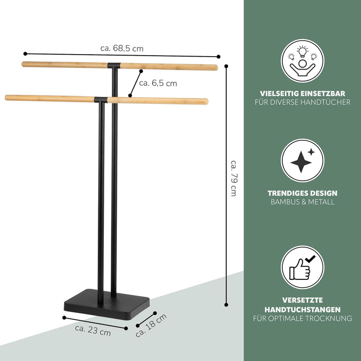 eluno Stand-Handtuchhalter freistehend, 2 Stangen, Handtuchständer, Bambus/Metall (Schwarz), Schwarz