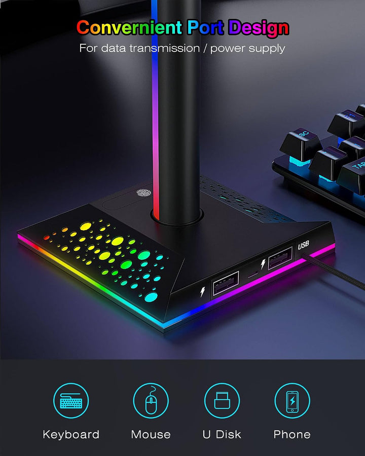 Hcman Headset Halterung Gaming Kopfhörer Ständer RGB Kopfhörer Halter mit 2 USB Anschlüssen, LED Hea