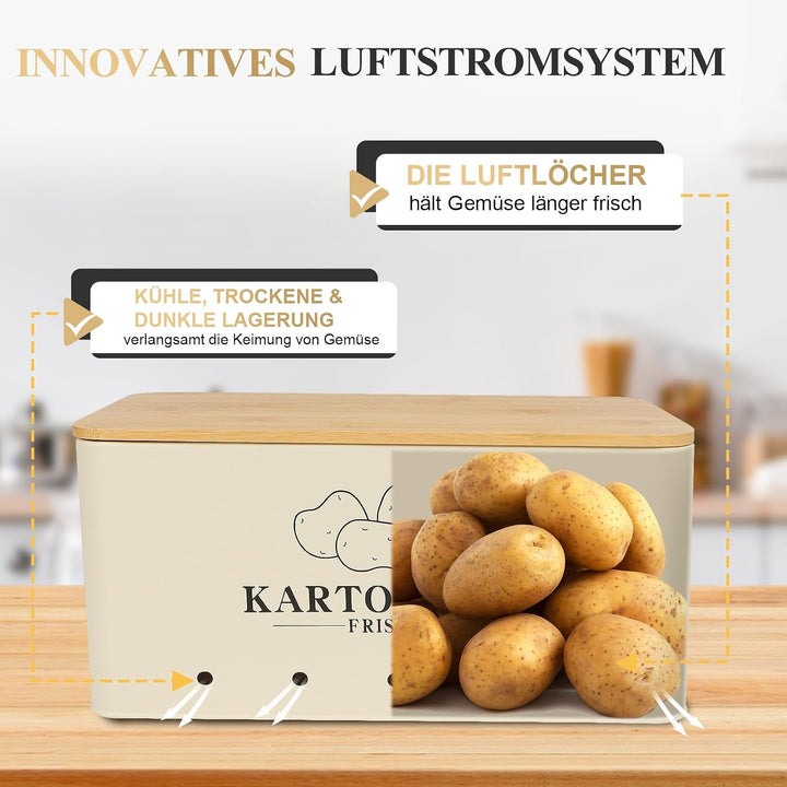 Kartoffel Aufbewahrungsbox 3er Set, Kartoffel Aufbewahrung Vintage Mit Bambusdeckel, Aufbewahrung Ka