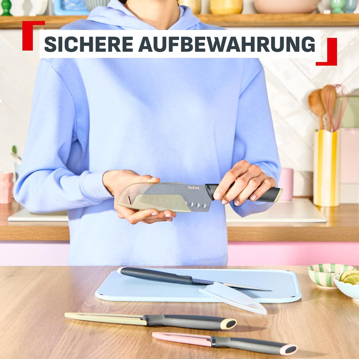 Tefal Slicy 3-tlg. Messer-Set, Soft Touch Griff, Schwarz/Pastellfarben Santokumesser + Universalmess