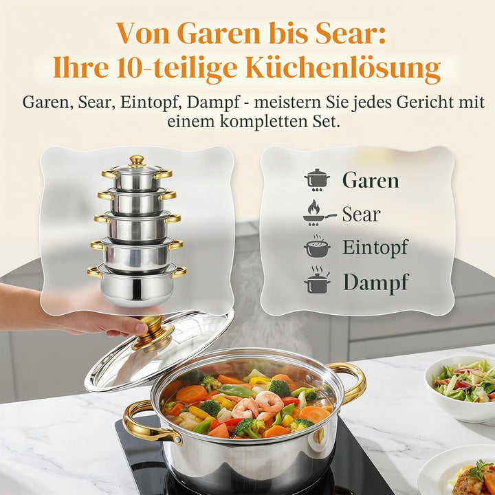 Topfset Induktion 5-teilig,Kochtopf Set mit Glasdeckel Stay-Cool-Griffe Messmarkierungen Ausgiessran