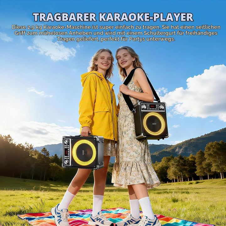 Karaoke-Maschine mit 2 kabellosen Mikrofonen, tragbarer Bluetooth-Lautsprecher für Erwachsene und Ki