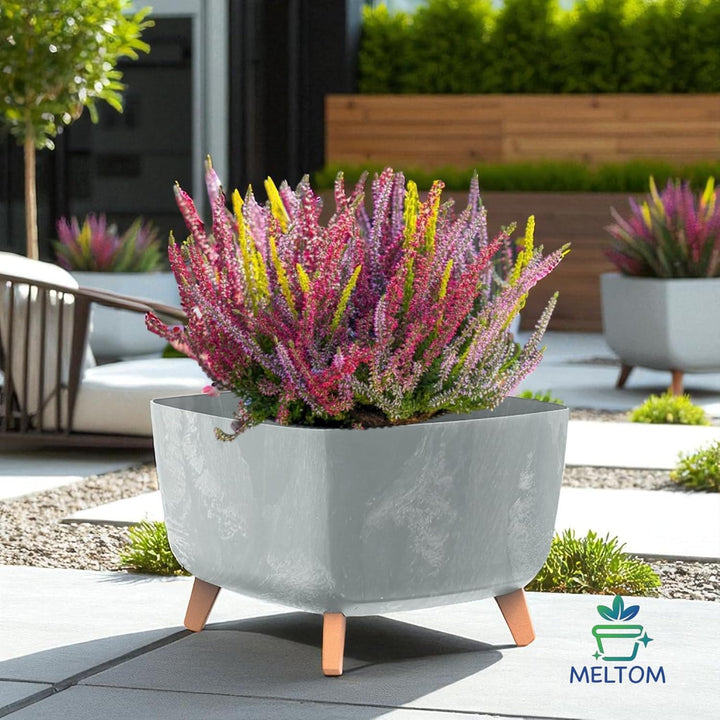 MELTOM Blumentopf Beton Optik Schale mit Füssen Einsatz Blumenschale Übertopf, 29 x 29 x 22 cm (Grau