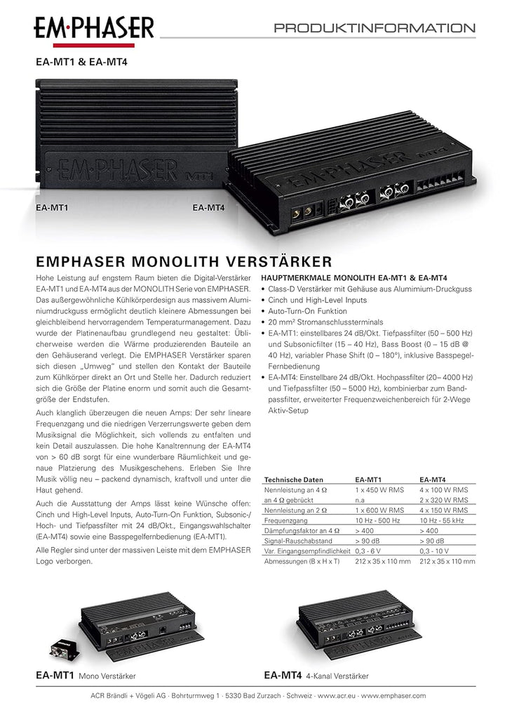 EMPHASER EA-MT4 – 4-Kanal Class-D Verstärker, 4 × 100 W RMS Endstufe