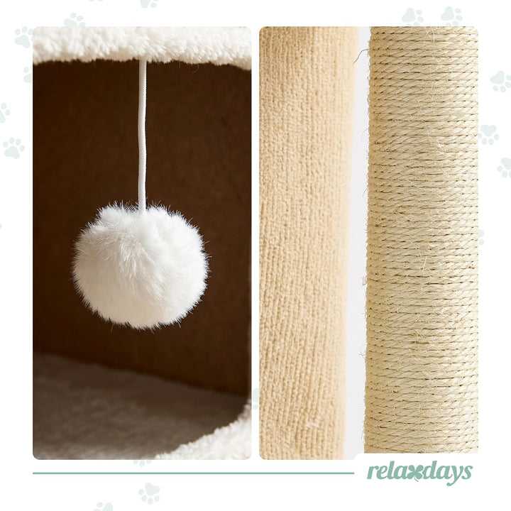 Relaxdays Katzenhaus 2-stöckig, Katzenhöhle mit Ball &amp; Kratzbaum, beige, Beige