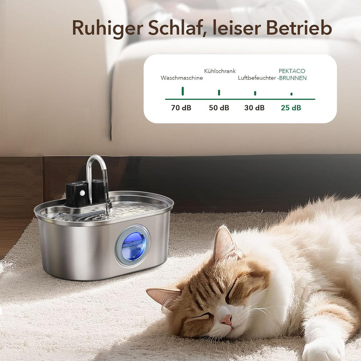 Kabelloser Katzenbrunnen aus Edelstahl, 3,2L – Batteriebetriebener Wasserspender mit Bewegungssensor