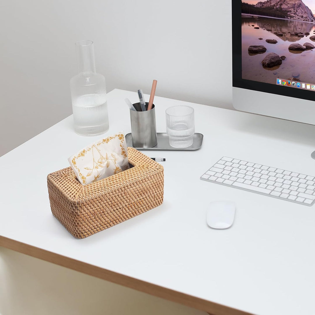Kosmetiktücherbox aus Rattan, Geflochtener Tücherbox Halter Rechteckig, Gewebter Gesichtstuchhalter,
