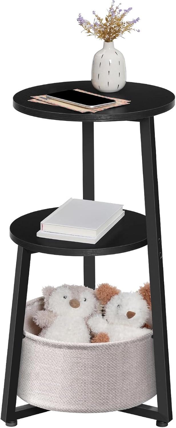 HOOBRO Beistelltisch rund, dreistufiger Nachttisch mit Ablagen und Stofftasche, Couchtisch für klein