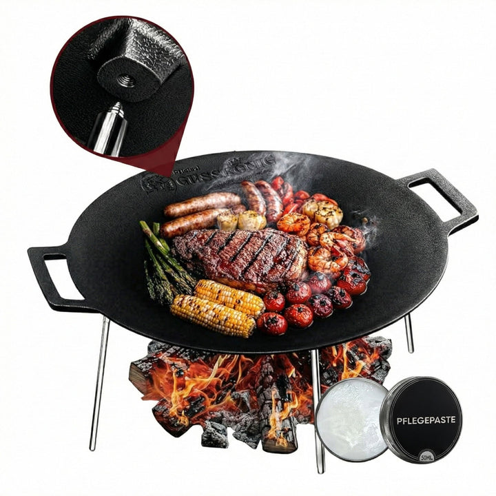 Gusseisen Grillplatte (Ø 42 cm) mit 3 Edelstahl-Beinen – Dutch Oven Grillplatte Rund – Dreibein Gril
