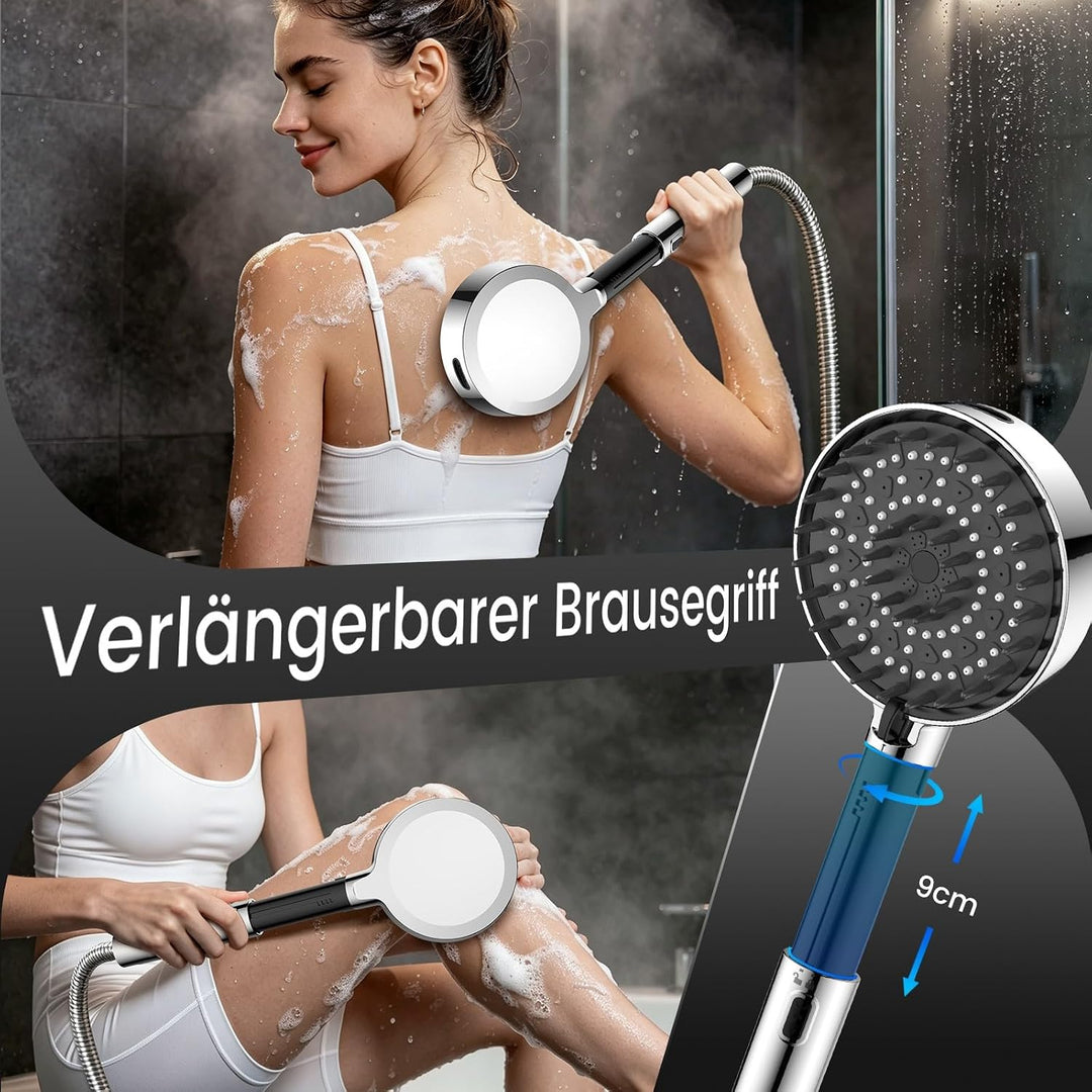 FEELSO Duschkopf mit 1,8 m Schlauch, grosse Duschfläche, 9 cm verlängerbar Silber, Silber