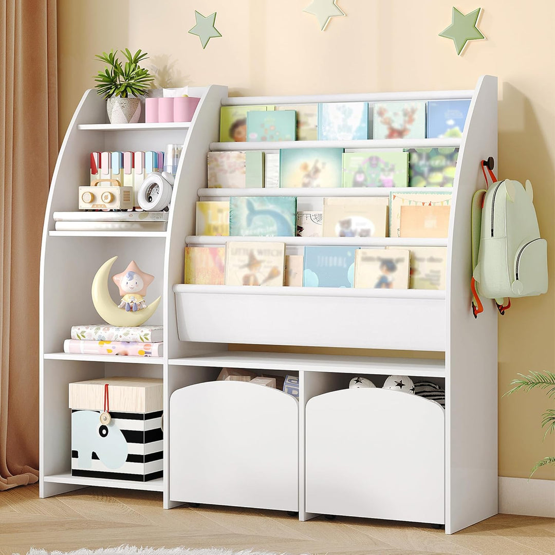 Hzuaneri Kinderregal mit Zeitungsständer, Bücherregal Kinder mit 2 Säulen, 4 Ablagen, Spielzeugregal