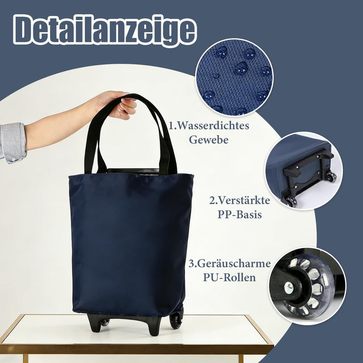 2-in-1 Einkaufstrolley Klappbar, 17L Faltbarer Einkaufstrolley, wasserdichte Einkaufstasche mit Roll