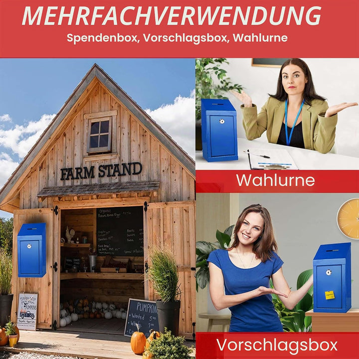 Spendenbox aus Metall zur Wandmontage oder für die Arbeitsplatte, mit Münzschlitz, Schloss mit 2 Sch