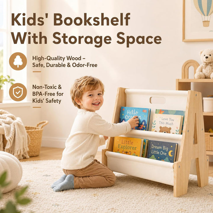 Bücherregal Kinder doppelseitig, Kinder Bücherregal Holz A-Form, Kinderregal im Montessori Stil mit