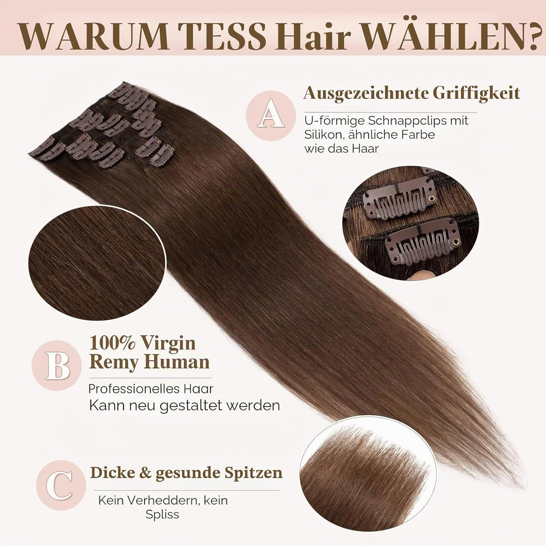 TESS Clip in Extensions Echthaar Braun, Echthaar Extensions Clip 8pcs 25 cm (50 g) Hair Extensions C