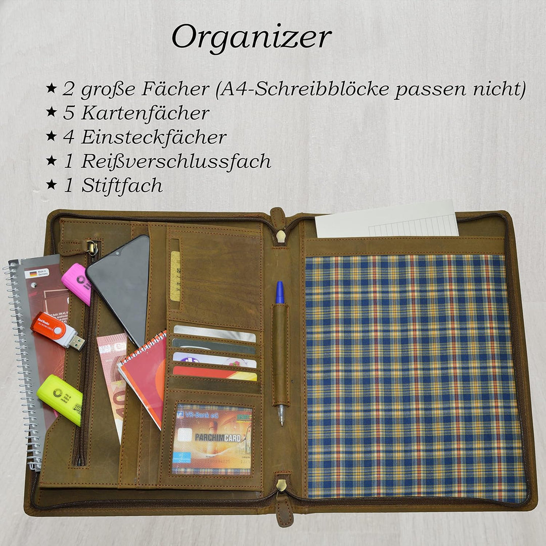 flevado Leder Schreibmappe Organizer Arbeitstasche Studium Konferenz Tasche braun