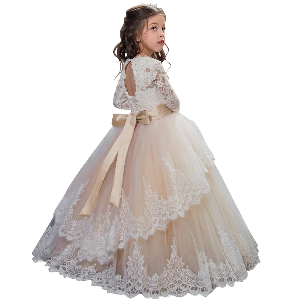PLWEDDING Spitze Lange Ärmel Blumenmädchen Kleid Prinzessin Tüll Kleid für Kinder Erstkommunion Klei
