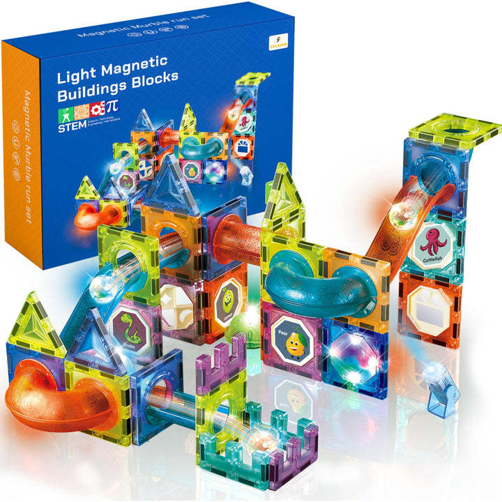 CELMAN Magnetspiel 75 Teile - Magnetbausteine Kinder mit Kugelbahn &amp; LED Licht - Magnetische Murmelb