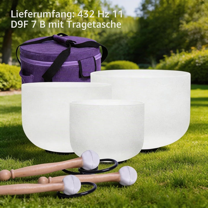 Energysound Perfect Pitch Chakra Singing Bowls 432Hz 11" D 9" F 7" B Frosted Quartz Crystal Singing