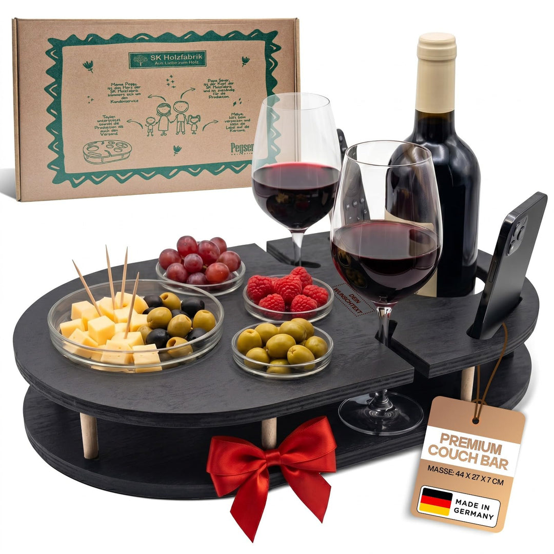 Couchbar Weinbar in schwarz mit 4 Glasschalen | PERSONALISIERBAR | Snackbox für Wein mit Getränkehal