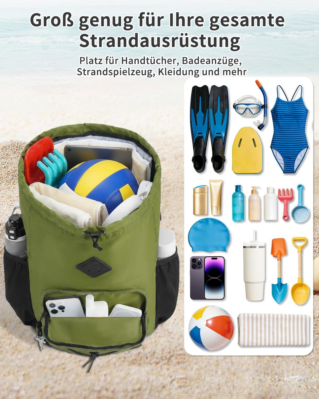 WANDF Schwimmtasche als Turnbeutel mit Abnehmbarem Nassbeutel, Strandrucksack mit Netzboden gegen Sa