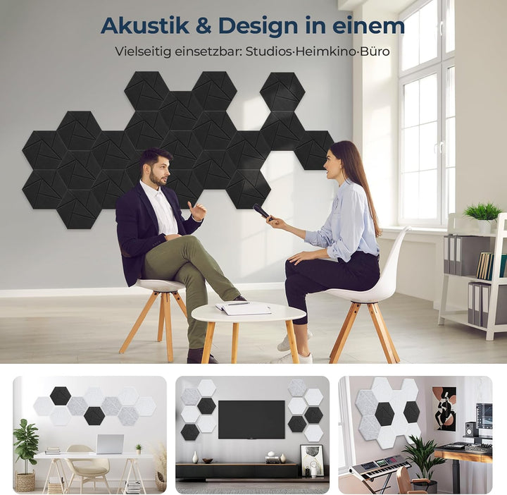 12 Stück Hexagon Akustikplatten Selbstklebend, 30 x 26 x 0,9 cm Hohe Dichte Schallschutzplatten, Aco