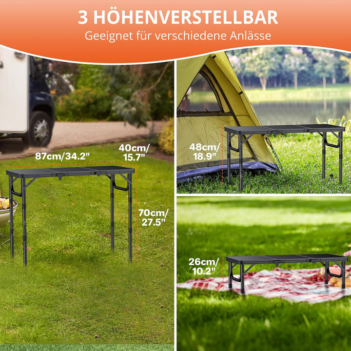FUNYKICH Campingtisch klappbar mit 3 Einstellbarer Höhe(26/48/70), tragbarer Aluminium Grilltisch Ou