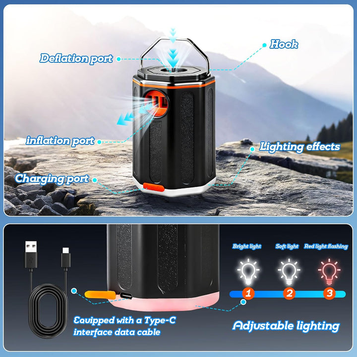 PlusFive Elektrische Luftpumpe Akku, 7.4V/800mAH Mini Luftpumpe mit 4 kPa, 180 L/min, USB-C Aufblas-