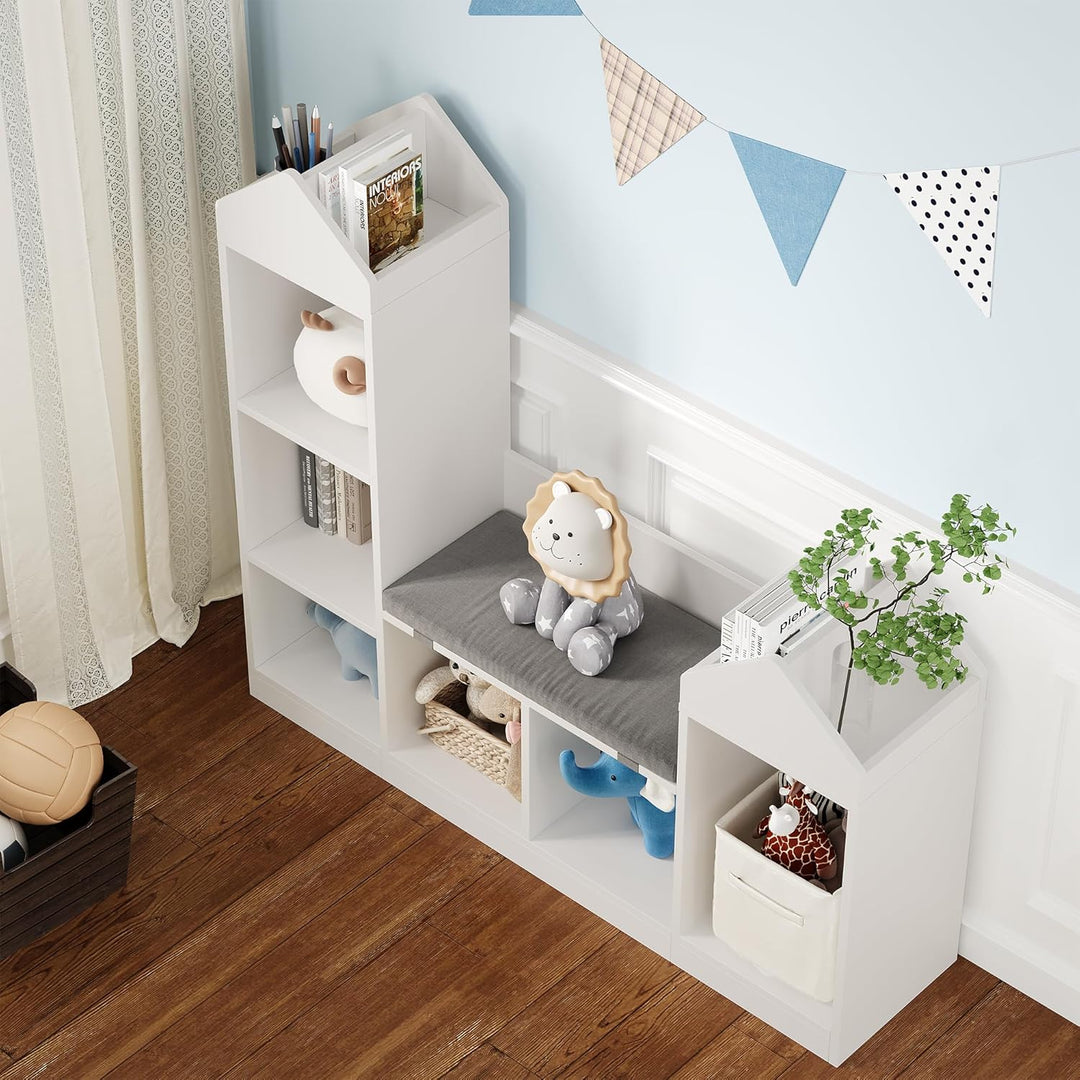 GarveeHome Kinderbücherregal Mit Kissen, Kinderbücherregal Aus Holz,Einzigartiges Dachdesign, Spielz